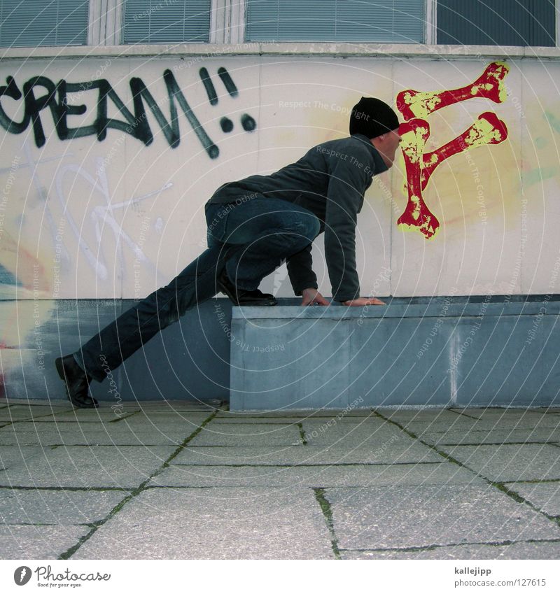leinenpflicht Wandmalereien Straßenkunst Spaßvogel Witz lustig Appetit & Hunger Mann Hundefutter Außenaufnahme Zentralperspektive spaßig