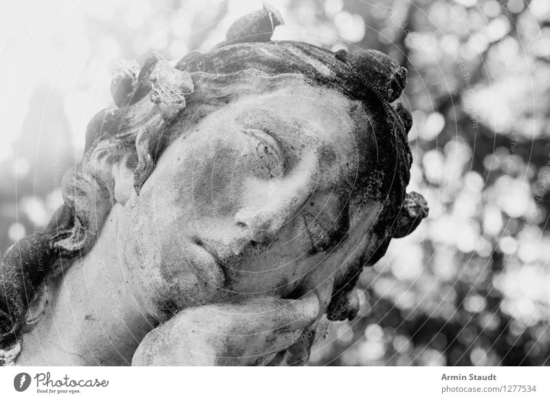 Pathetische Skulptur Stil Design feminin Gesicht Natur Pflanze Schönes Wetter Park alt Kitsch retro grau Traurigkeit Sorge Trauer Müdigkeit Unlust Schmerz