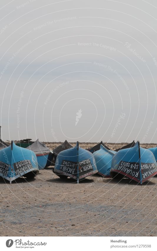 Wüsten Boote Sand blau Wasserfahrzeug Fischer Fischerboot Marokko Afrika Dahkla Arabische Schrift Himmel ruhig Pause Landschaft schwarz Farbfoto mehrfarbig