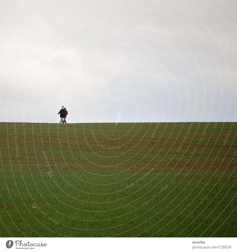 Horizont II Feld wandern Grenze grün grau Frühling Linie Himmel Erde Spaziergang Paar paarweise