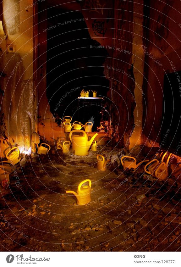 auf kannensafari Kannen gelb Gießkanne Tülle Nacht dunkel Licht mehrere zusammenrotten Verfall Safari außergewöhnlich Taschenlampe Langzeitbelichtung Hongkong