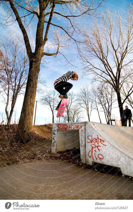 backside 180° fahren Skateboarding Zufahrtsstraße Teer Geschwindigkeit Sport Aktion gestreift Stil Jugendliche lässig Baum springen drehen Meter rosa Physik