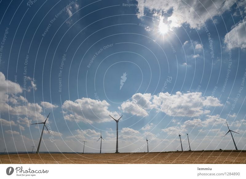 Windräder Technik & Technologie Fortschritt Zukunft Energiewirtschaft Erneuerbare Energie Windkraftanlage Natur Himmel Wolken Sonne Sonnenlicht blau ästhetisch