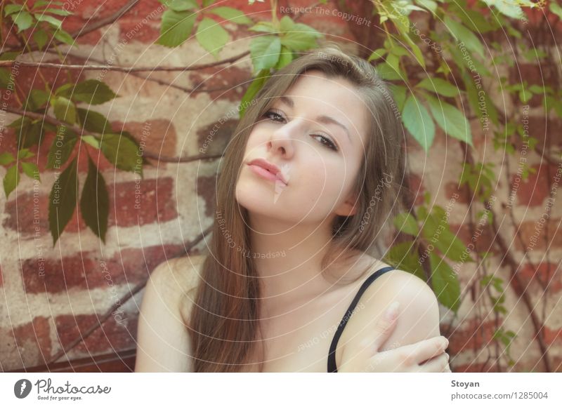 Schöne junge Frau mit heißen Augen vor einer Backsteinmauer Junge Frau Jugendliche 1 Mensch 18-30 Jahre Erwachsene Tänzer Bauchtänzer Garten Sofia Bulgaren
