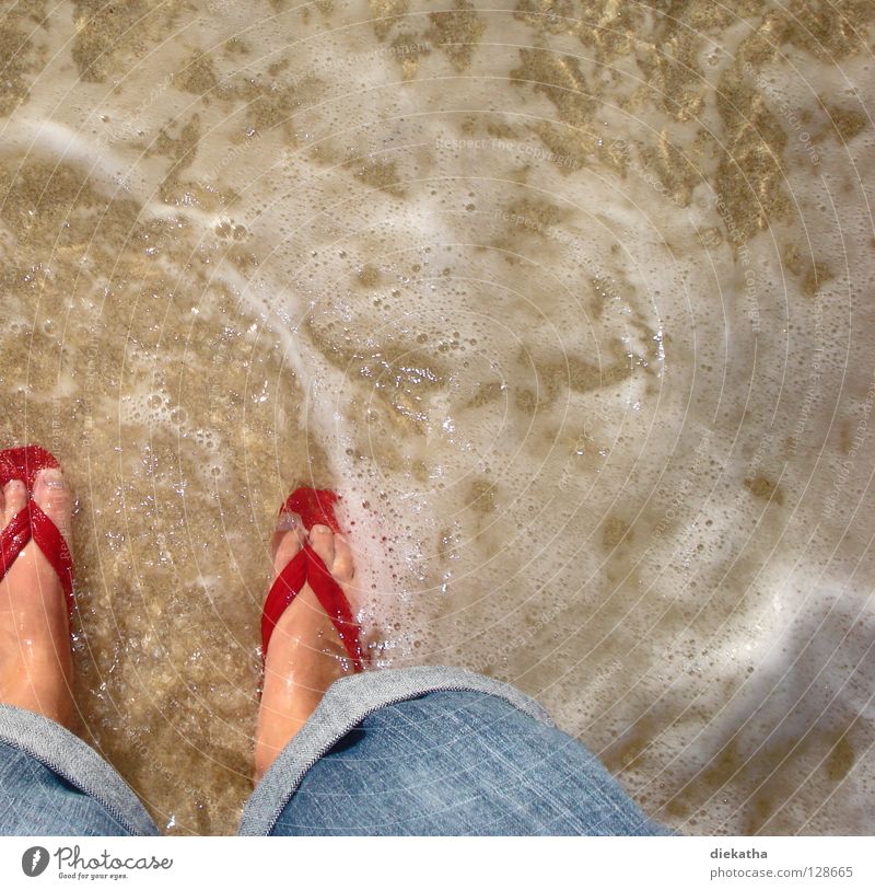 Tretbecken Flipflops rot Meer Wellen Schaum Strand Physik Sommer Zehen nass Wasser Jeanshose Fuß Beine Sand Wärme