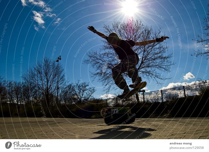 2 Decks Ollie Skateboarding springen Stil Aktion extrem Himmel Baum Strahlung Zaun Parkplatz parken hoch Extremsport Rolle fliegen fly flying Sport sky blue
