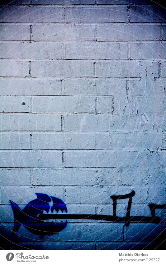 fis(c)h Barcelona Spanien Straßenkunst Haifisch Mauer Wand Strahlung Piranha verfallen Graffiti Wandmalereien Fisch Linie beißen piranja pirania