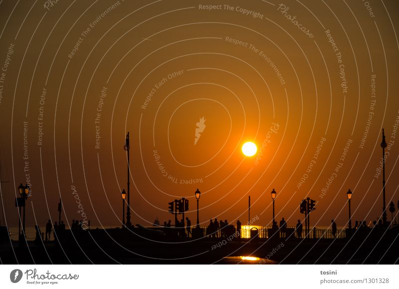 In der Dämmerung IV Mensch Menschengruppe Wasser Sonne Sonnenaufgang Sonnenuntergang Sonnenlicht maritim Brücke Brückengeländer Straßenbeleuchtung
