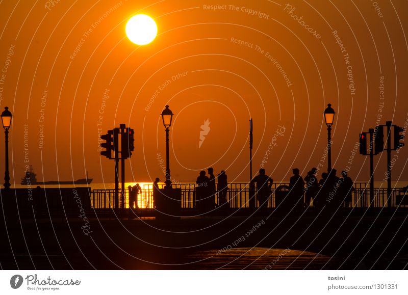In der Dämmerung II Mensch Menschengruppe Wasser Sonne Sonnenaufgang Sonnenuntergang Sonnenlicht maritim Brücke Brückengeländer Straßenbeleuchtung