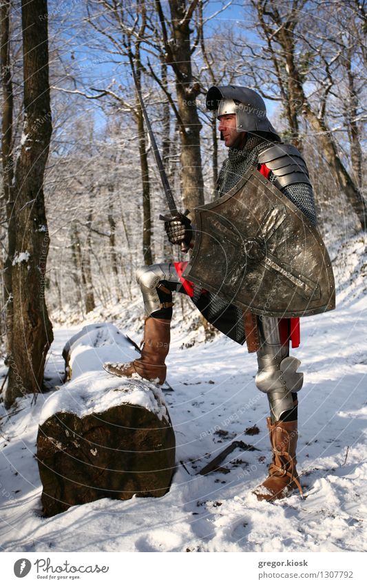 Warten auf den Kampf Mann Erwachsene 1 Mensch 18-30 Jahre Jugendliche Ritter Krieger Winter Eis Frost Schnee Baum Wald Hügel Berge u. Gebirge Schutzbekleidung