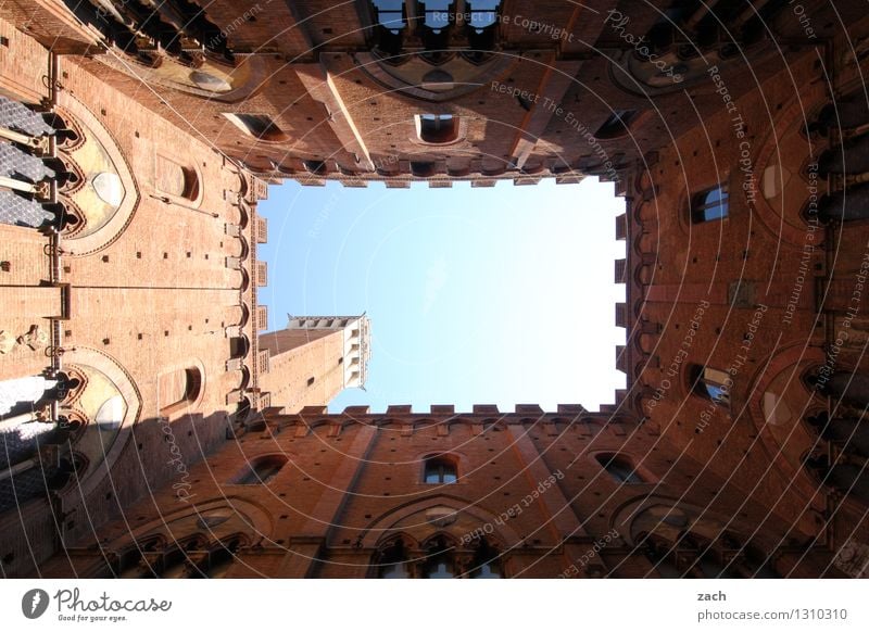 Innereien Städtereise Himmel Schönes Wetter Siena Italien Toskana Stadt Stadtzentrum Altstadt Menschenleer Haus Kirche Palast Marktplatz Turm Bauwerk