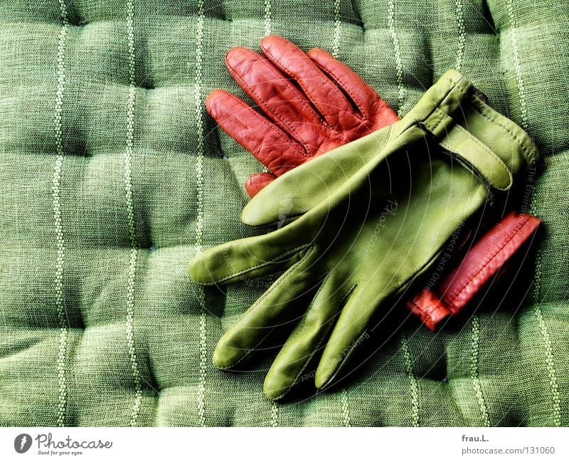 vereint Kissen Stoff gewebt Handschuhe grün links rechts kuschlig Leder Zusammensein Gegenteil Koalition Freundschaft Bekleidung Dekoration & Verzierung