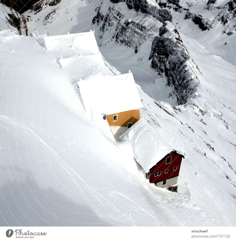 Wann wirds wieder Sommer? Berg Säntis Schweiz weiß Haus rot gelb Dach Schnee Holzhütte Berghütte Holzhaus Klippe Berghang Gipfel ruhig Pause stagnierend