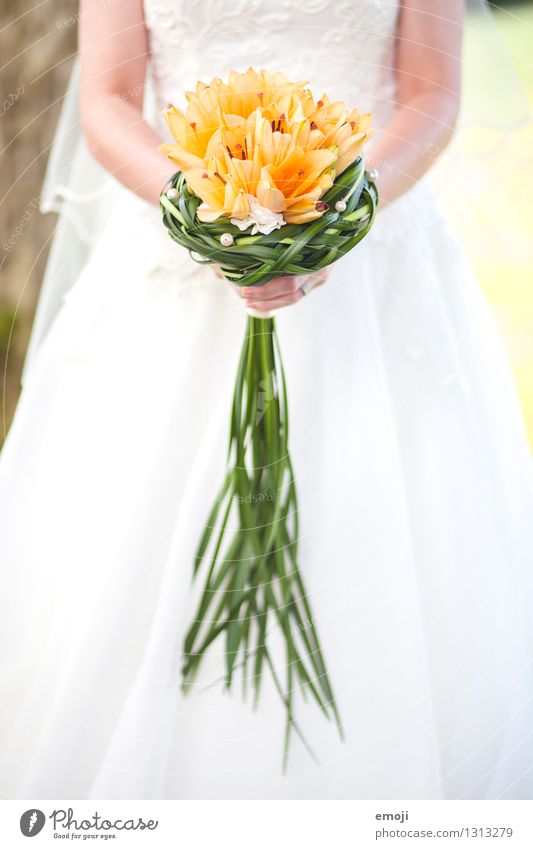 Brautstrauss feminin Frau Erwachsene 1 Mensch 18-30 Jahre Jugendliche Pflanze Blume grün orange weiß Blumenstrauß Hochzeit Farbfoto Außenaufnahme Detailaufnahme