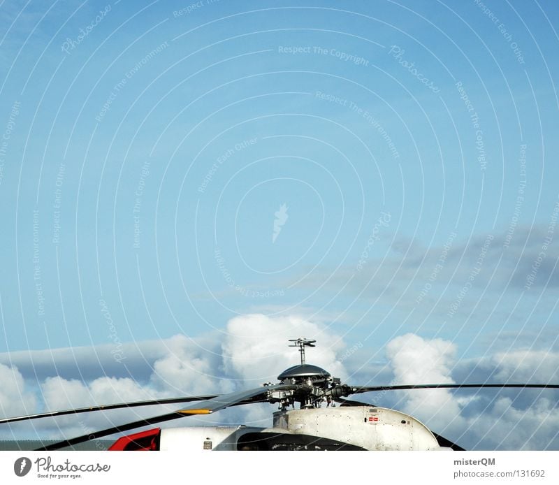 Hubschrabschrab. Hubschrauber Rettungshubschrauber retten Propeller Maschine rot weiß Wolken hoch Kunst Rollfeld Flughafen Elektrisches Gerät