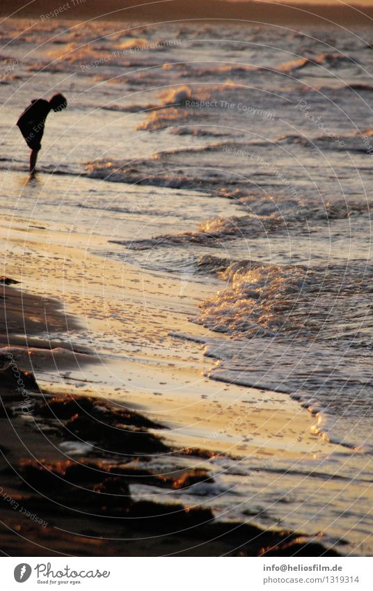 Junge am Meer 1 Mensch 3-8 Jahre Kind Kindheit Natur Landschaft Wasser Wellen Küste Seeufer Strand Ostsee Blick gelb orange schwarz Gefühle Stimmung