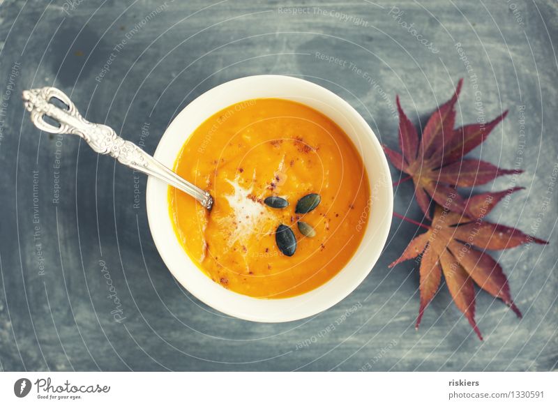 Herbstsüppchen Lebensmittel Gemüse Suppe Eintopf Kürbissuppe Ernährung Mittagessen Abendessen Vegetarische Ernährung Schalen & Schüsseln Blatt orange gemütlich
