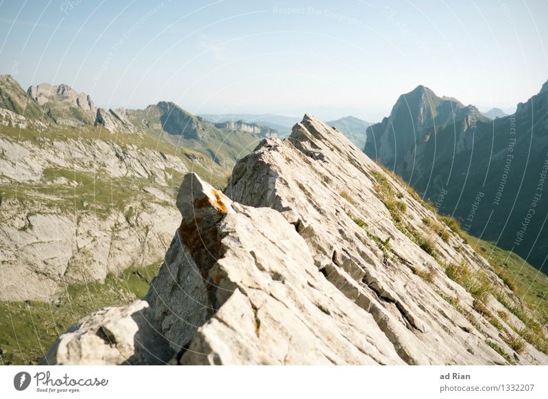Postkartenwelt [4] Umwelt Natur Landschaft Erde Himmel Wolkenloser Himmel Sommer Schönes Wetter Hügel Felsen Alpen Berge u. Gebirge Alpstein Gipfel Bewegung
