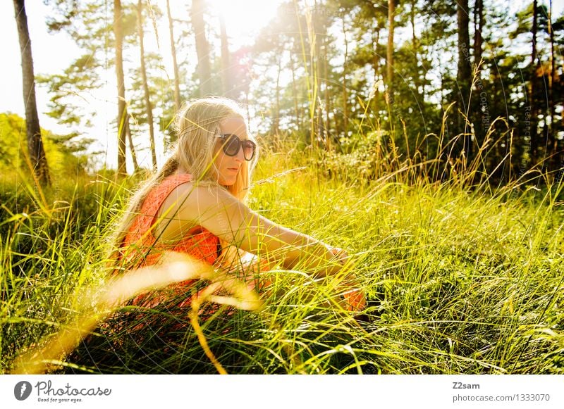grüne Pause feminin Junge Frau Jugendliche 1 Mensch 18-30 Jahre Erwachsene Natur Sommer Schönes Wetter Wald Wiese Mode Kleid Sonnenbrille Haarkette blond