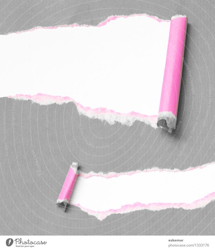 gerissen Schreibwaren Papier Zettel Ornament Schilder & Markierungen grau rosa weiß Überraschung geheimnisvoll Loch Riss aufgerollt leer zwei Farbfoto