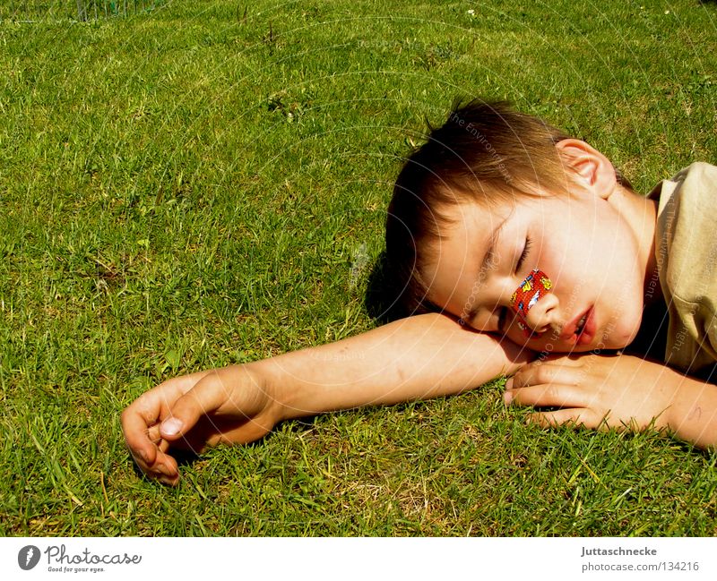 Müde bin ich, geh zur Ruh... Junge Kind schlafen Pause Erholung anstrengen Müdigkeit Knockout Sommer Physik gemütlich bequem Gras Wiese Frieden Schnarchnase