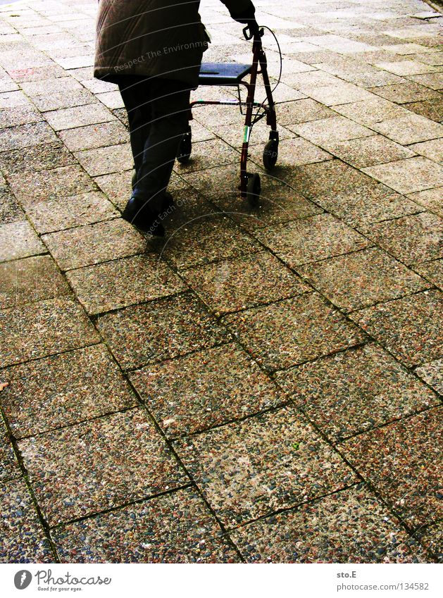 auf der zielgeraden Wagen Strebe abstützen gehen Frau Gehhilfe Senior diagonal parallel Steinplatten Bodenplatten Korb Verkehrswege Vergänglichkeit