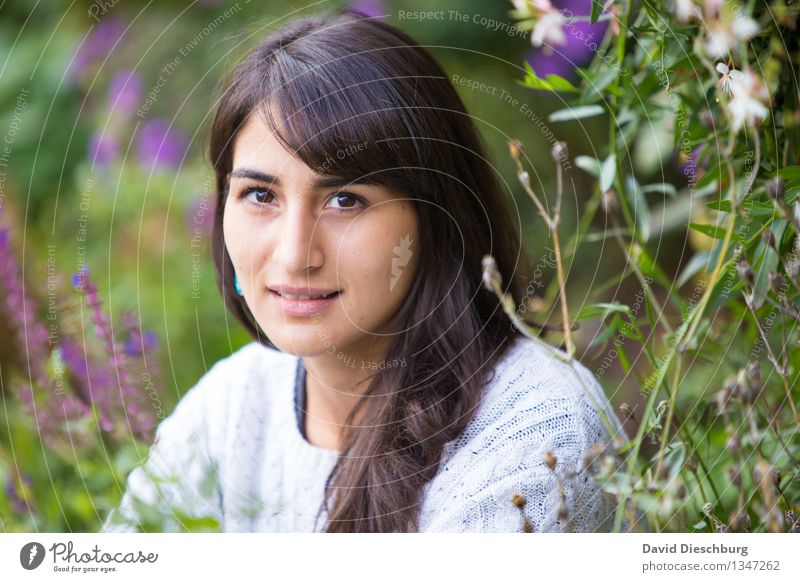 Ruhezone feminin Junge Frau Jugendliche Kopf Gesicht 1 Mensch 18-30 Jahre Erwachsene Frühling Sommer Herbst Schönes Wetter Pflanze Blume Garten Park Pullover