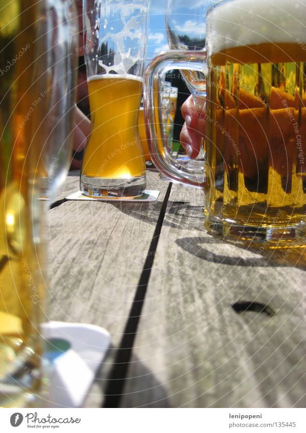 Endlich!* Bier Sommer Biergarten Freundschaft wandern trinken genießen Weizen Physik Tisch rustikal Schaum frisch Wochenende Zusammensein Gute Laune Hand kalt