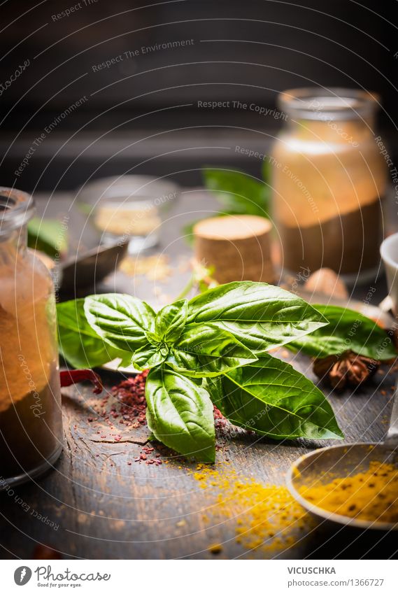 Frisches Basilikum mit Gewürzen Lebensmittel Kräuter & Gewürze Ernährung Bioprodukte Vegetarische Ernährung Italienische Küche Asiatische Küche Geschirr