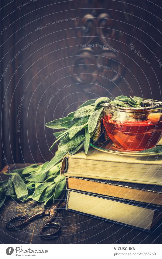 Kräuter Salbei Tee auf Bücherstapel und alte Schere Bioprodukte Vegetarische Ernährung Diät Getränk Heißgetränk Tasse Lifestyle Stil Design Gesundheit