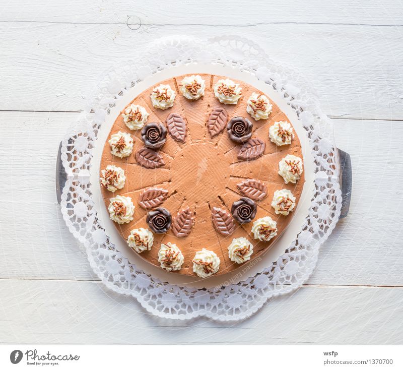 Schokosahnetorte auf weißem Holz mit Tortenspitze Kuchen Dessert Schokolade Schokoladen-Sahne-Torte Schaumgebäck Backwaren Biskuit Holztisch rustikal