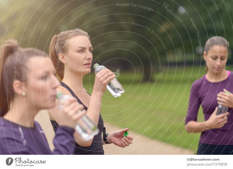 Sportliche Frauen trinken Wasser nach einer Übung Flasche Sommer Erwachsene Menschengruppe Park Kunststoff stehen sportlich Zusammensein grün rein Pause üben