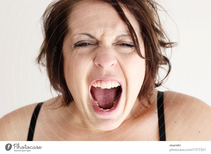 Wutausbruch Mensch feminin Junge Frau Jugendliche Erwachsene Kopf 1 30-45 Jahre Haare & Frisuren Gefühle Stimmung schreien Ausdruck Aggression dunkelhaarig Mund