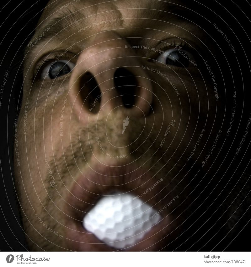 eingelocht Mann Lifestyle Nasenloch Bart Dreitagebart Humor Golfer Golfball Minigolf Profi Unsinn lustig Freizeit & Hobby erstaunt ersticken weiß Gesicht