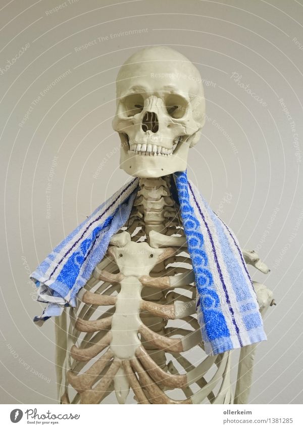 Skelett - Sportler und Saunagänger Wellness Spa Dampfbad Fitness Sport-Training Körper Kopf Brust Handtuch Diät rennen blau grau weiß schwitzend Badetuch
