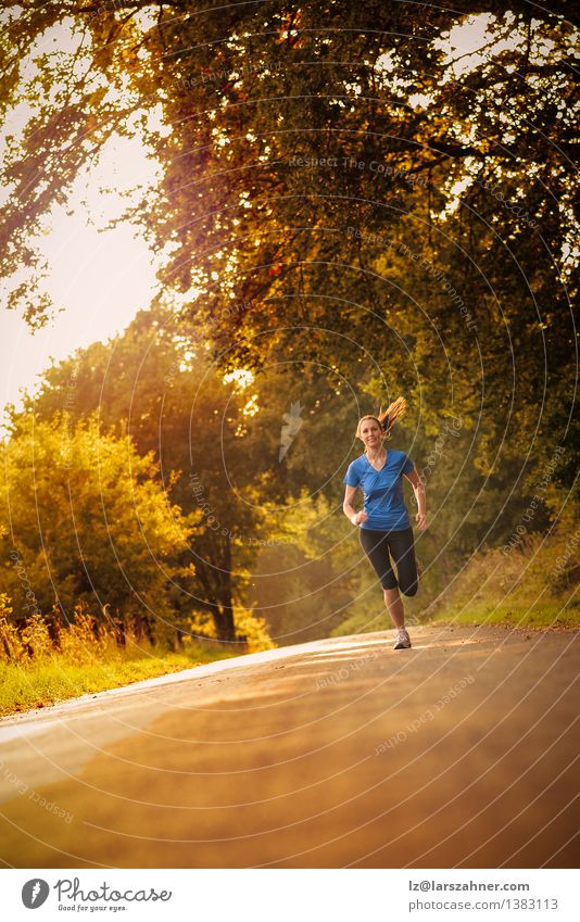 Sportliche Frau, die auf eine Landstraße läuft Glück Joggen Erwachsene 1 Mensch 13-18 Jahre Jugendliche Landschaft Herbst Baum Blatt Park Straße Bewegung