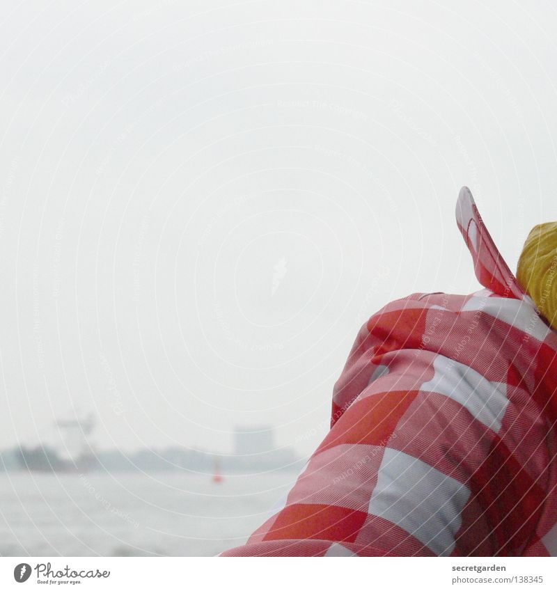 HH08.1 - nicht kleinkariert Mantel Jacke Bekleidung Aussicht Nebel Schal gelb rot weiß kalt ungemütlich Horizont Kragen Wind Körperhaltung Muster Mut Kraft