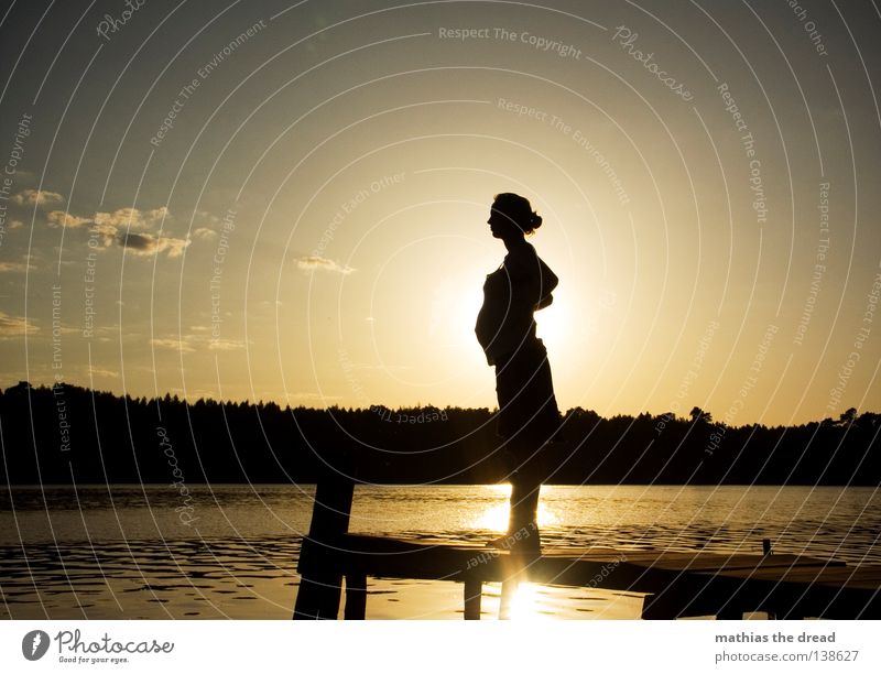 ERWARTUNGSHORIZONT schwanger dick Geburt Baby Nachkommen Mutter Erzeuger Reifezeit Wachstum Sonnenuntergang Gegenlicht Steg See Gewässer Wald Horizont Kleid Top