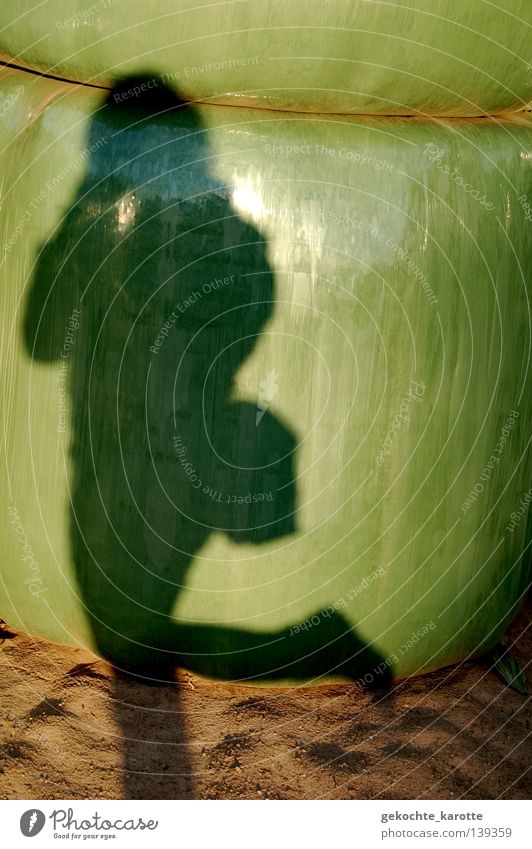 grÜnzeug verpackt glänzend Landwirtschaft Heuballen Schattenspiel grün Folie Standbein Salto standhaft Denkmal Außenaufnahme Wahrzeichen Sommer Mensch Bewegung