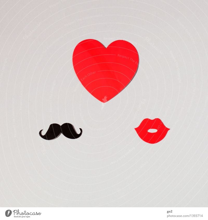 Herzenssache Basteln Valentinstag maskulin feminin Frau Erwachsene Mann Mund Lippen Oberlippenbart Papier Zeichen Küssen Klischee rot schwarz Gefühle Sympathie