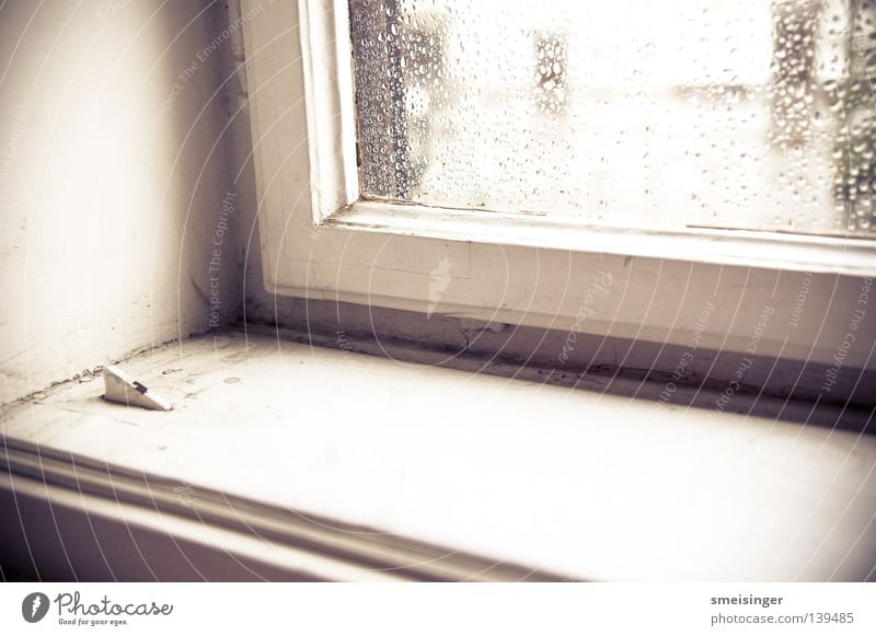 Fenster mit Regentropfen drauf ... Staub Fensterrahmen Fensterbrett weiß Licht Altbau Häusliches Leben Lomografie Glas alt