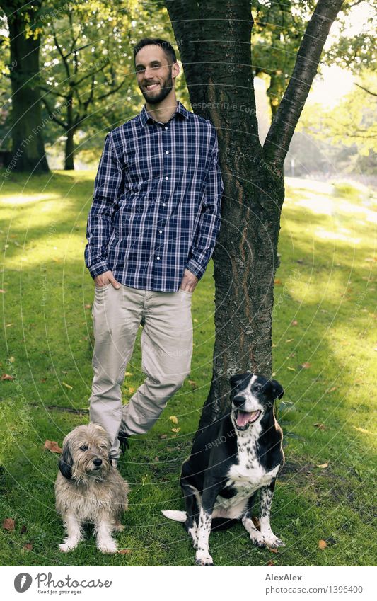 portrait³ Ausflug Abenteuer Junger Mann Jugendliche Pflanze Schönes Wetter Baum Park kariert brünett kurzhaarig Haustier Hund 2 Tier Lächeln lachen ästhetisch