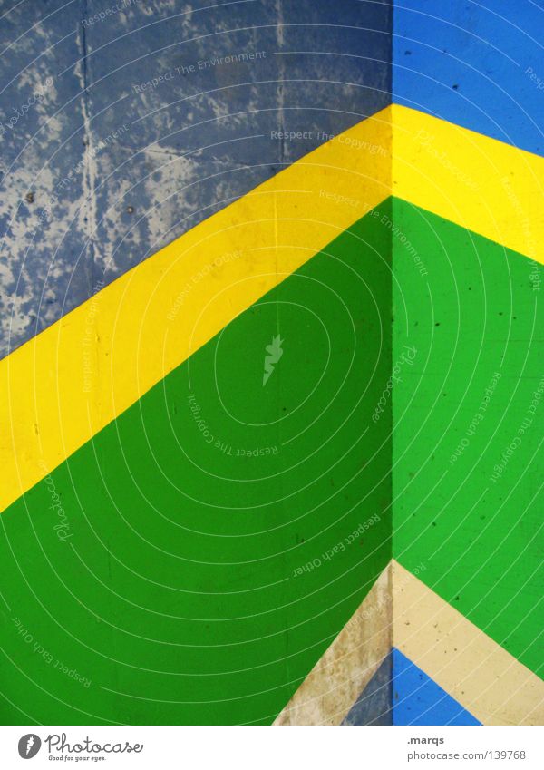 Brasilien Wand streichen Farbe bemalt Freiheit Salomon Inseln angemalt Linie mehrfarbig Pfeil gelb grün blau Ecke solomon islands Selbstständigkeit farbfläche