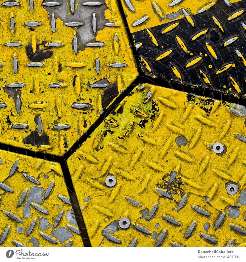 Metall-Wabe Stahl eckig gelb weiß Ecke Lack abblättern alt Niete Geometrie Linie Design Detailaufnahme angeordnet Hintergrundbild graphisch Farbfoto Muster