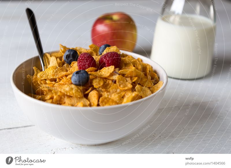 Cornflakes in einer Schale Frucht Apfel Frühstück Milch Schalen & Schüsseln Holz alt Frühstücksflocken Flocke Blaubeeren Zerealien Himbeer Müsli Erdbeeren Korn