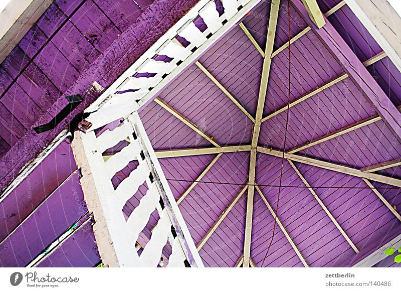 Lila Pause Pavillon Dach steil vertikal Wendeltreppe Treppenhaus Treppengeländer Geländer Holz Holzbauweise violett Detailaufnahme