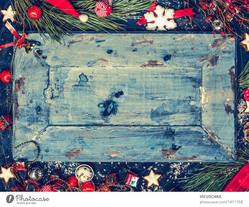 Blaue Weihnachts Hintergrund mit rote und weiße Deko Stil Design Winter Feste & Feiern Weihnachten & Advent Natur retro Hintergrundbild horizontal