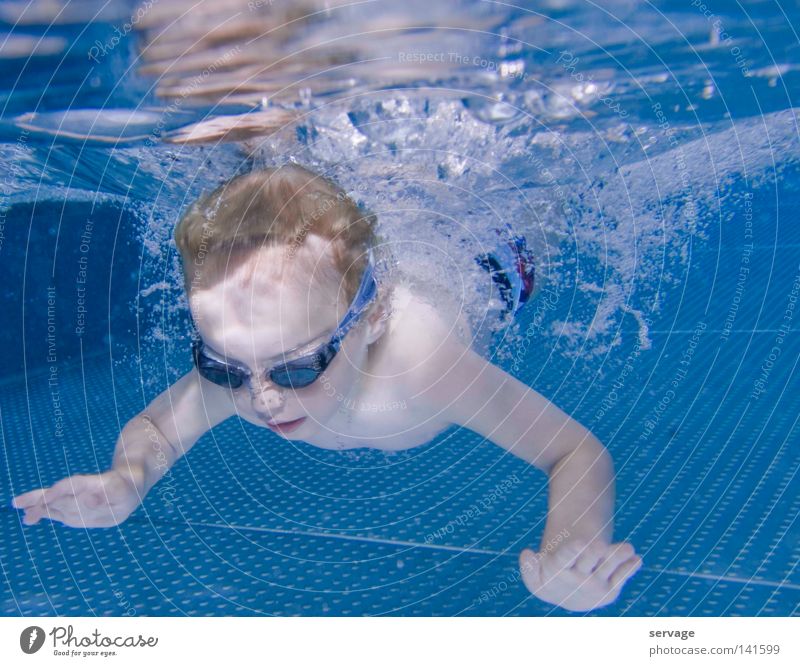 Der Taucher tauchen Brille Taucherbrille Wasser nass Sommer Schwimmbad Bad Kind Unterwasseraufnahme Physik Freude Schwimmen & Baden Kleinkind Wärme