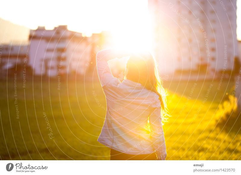 sundown feminin Junge Frau Jugendliche 1 Mensch 18-30 Jahre Erwachsene Umwelt Natur hell Wärme gelb gold Farbfoto Außenaufnahme Sonnenlicht Sonnenstrahlen