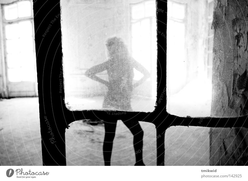Stell dich für mich auf, Baby! Körperhaltung Frau Fenster Tür Licht Schwarzweißfoto Pose schwarz Silhouette Lichtquelle Glassplitter